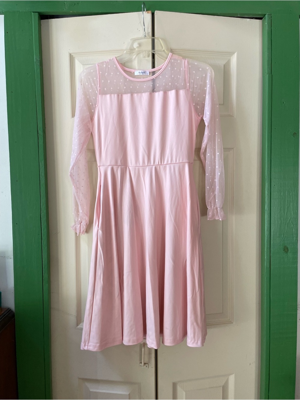 Girls' Pink Long-Sleeve Dot Mesh Yoke Dress